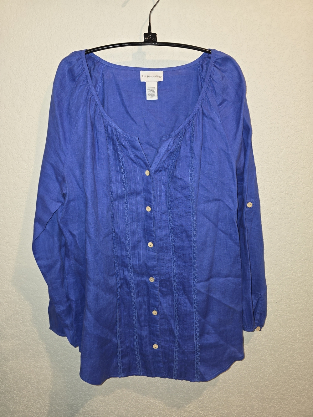 Soft Surroundings Royal Blue 100% Linen Lace Detail Tunic Blouse - Size Medium